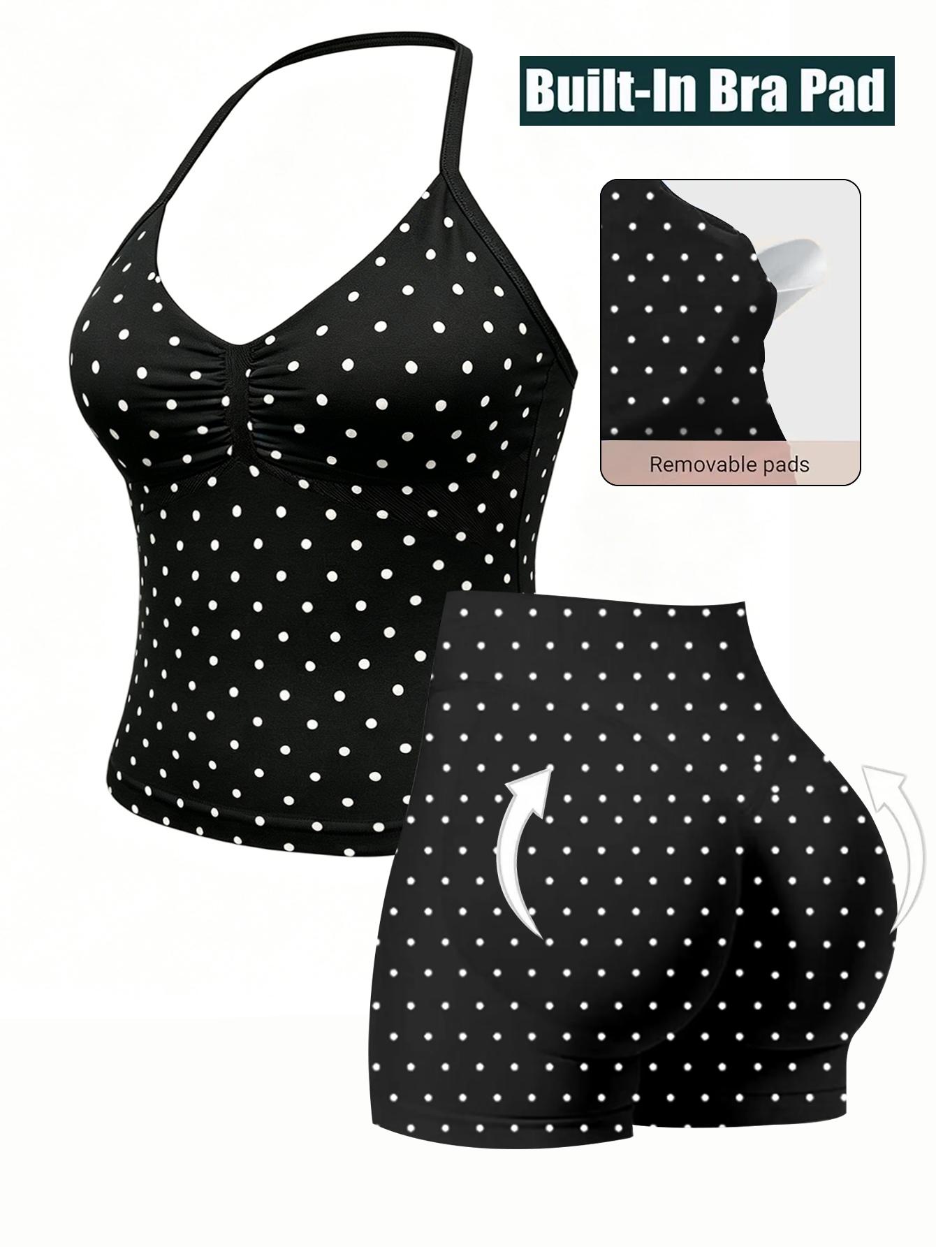 Fashionable Sports Set for Fitness Enthusiasts, Polka Dot Print Halter Top and Shorts, Summer Gym Yoga Running Fashionable Sports Set for Fitness Enthusiasts, Polka Dot Print Halter Top and Shorts, Summer Gym Yoga Running