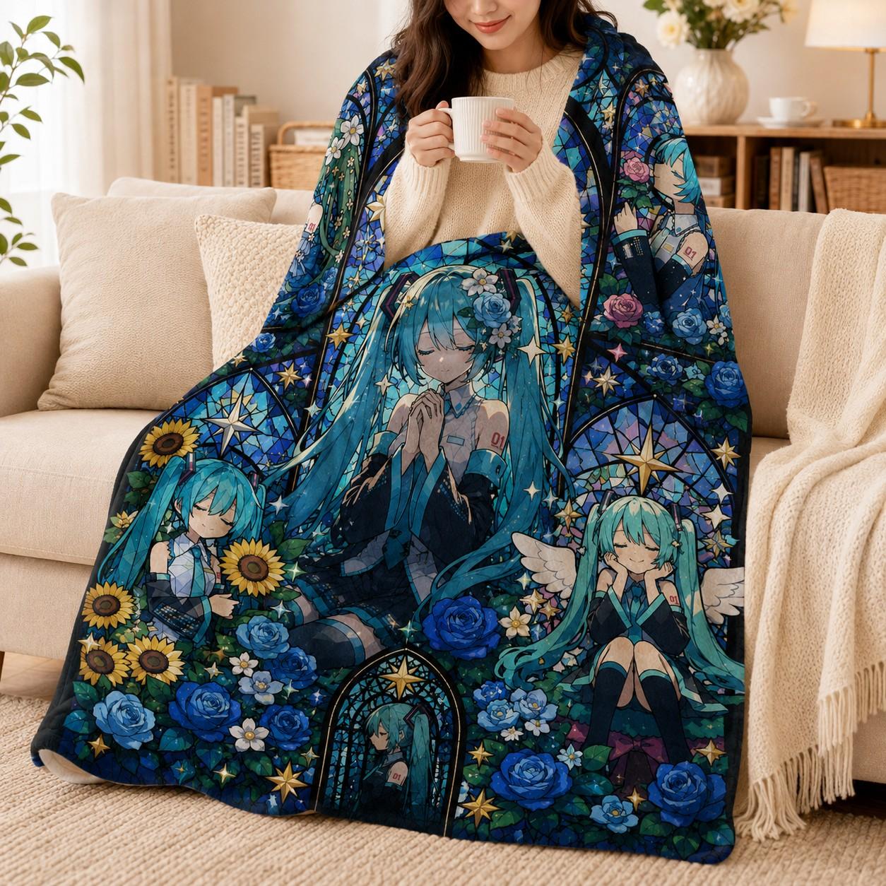Hatsune Miku Vocaloid Flannel Blanket, Blue Rose Stained Glass Anime Throw for Bed Sofa, Soft Cozy Room Decor Gift for Fans