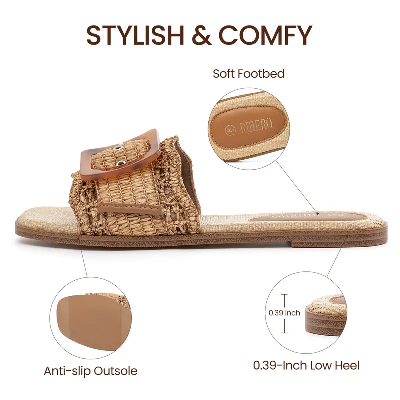 Rihero Women's Lightweight Woven Raffia Flat Sole Sandals - Casual Square Toe Slides with Adjustable Buckle, Breathable Insole, TPR Rubber Non-Slip Sole, Female Sports & Outdoor Summer Footwear for Back to School