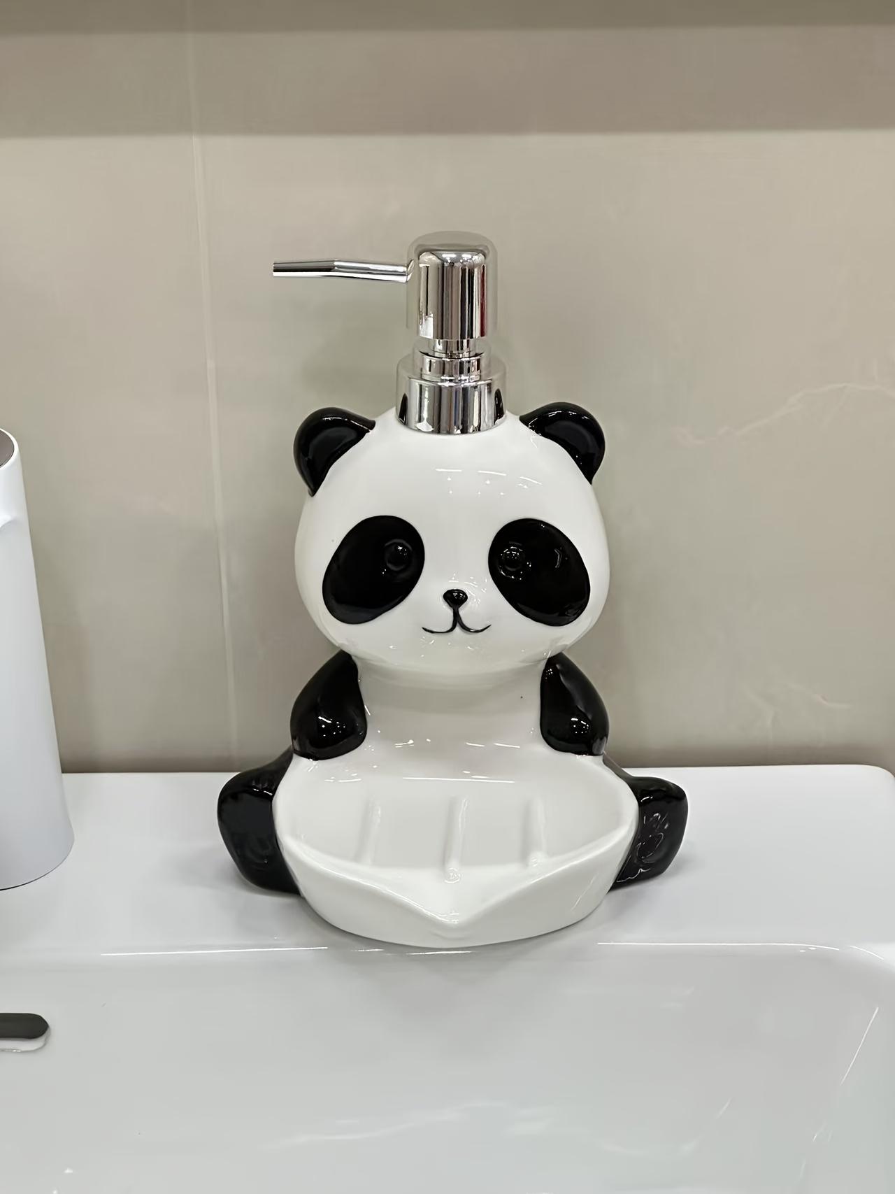 Cute Panda Animal Shape Dual-Use Multi-Purpose Ceramic Dispenser Bottle with Plastic Accents - Holds Lotion, Soap, Hand Wash, Shower Gel, Kitchen Detergent - Bathroom Decor for Kitchen Use