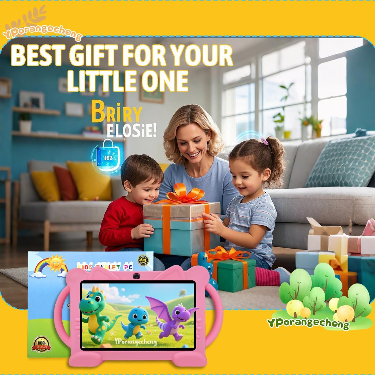 7-Inch Kids' Touchscreen Tablet, Quad-Core Android, HD Display, Dual Cameras, WiFi & Bluetooth-Compatible, Adapter Not Included, Parental Control, Ideal Gift for Birthdays