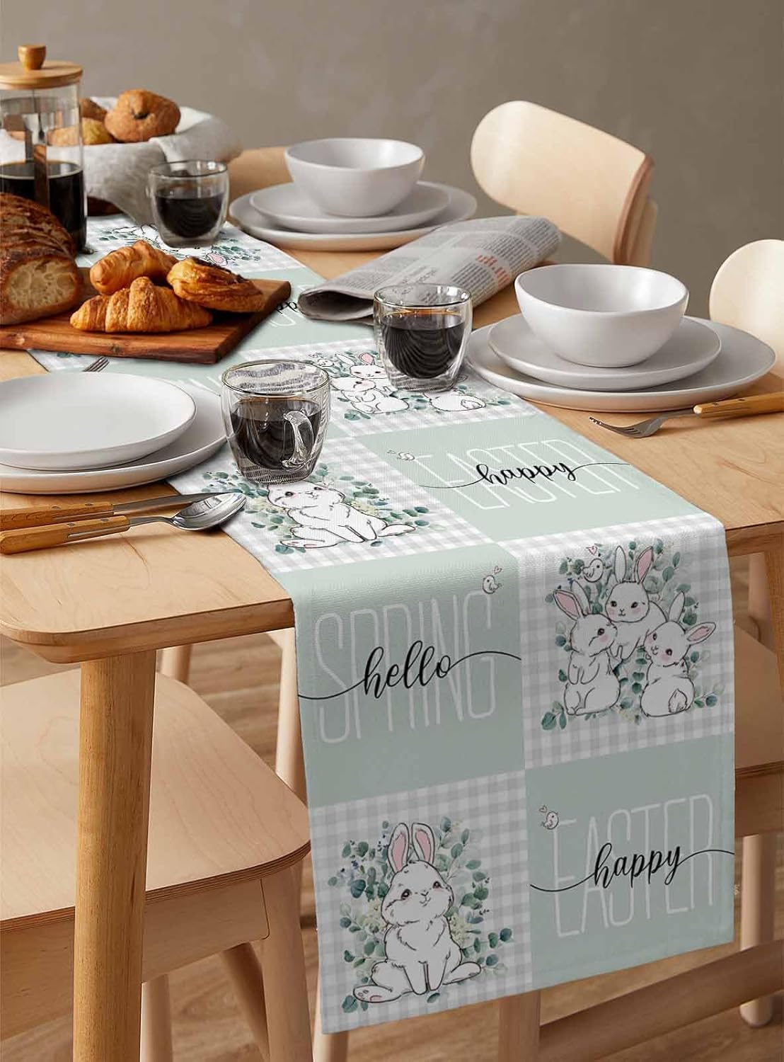 1pc,Easter Table Runner Small Kitchen Dining Room Decor, Round Square Wedding Coffee Party Home Easter Bunny Spring Eucalyptus Leaves Tartan