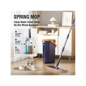 Mop And Bucket Set With Wringer, 3-Tank Flat Mop And Bucket System, Wall Mop Cleaner With Long Handle, Hands Free Mops For Floor Cleaning With 2 Microfiber Pads