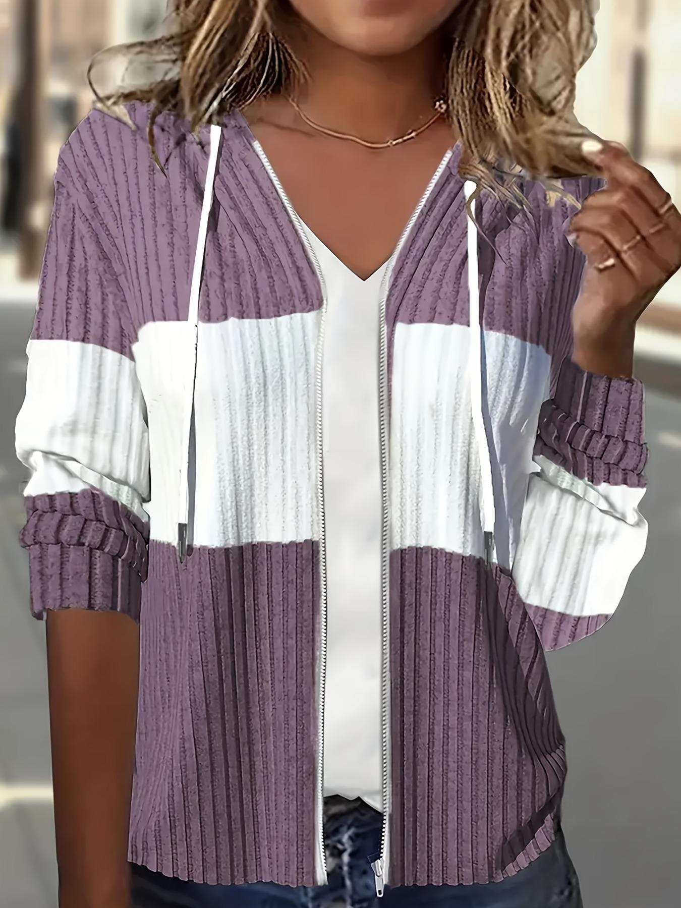 Women's Color Block Adjustable Drawstring Zip-Up Hooded Jacket Fit, Casual Lightweight Outerwear for Everyday Style, Trendy Fashion for Spring & Fall