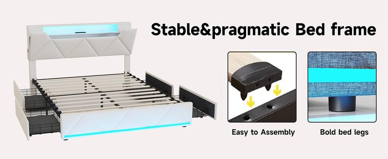 Vabches Bed Frame with Storage Headboard and 4 Drawers,Upholstered Platform with Charging Station and Led Lights,Adjustable Headboard,No Box Spring Needed,Dark Grey