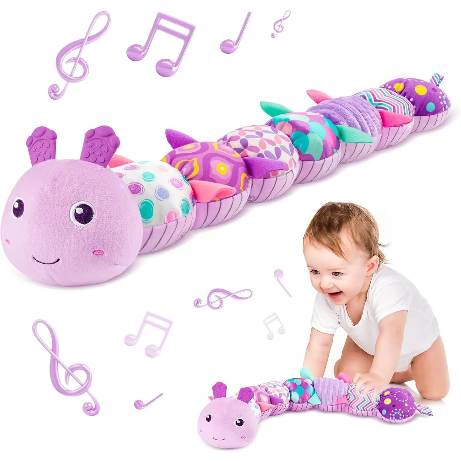 Infant Baby Musical Multi-Sensory Caterpillar, Stuffed Animal Activity Soft Toys, for Tummy Time Newborn 0-3-6-12 Months Girls, Purple
