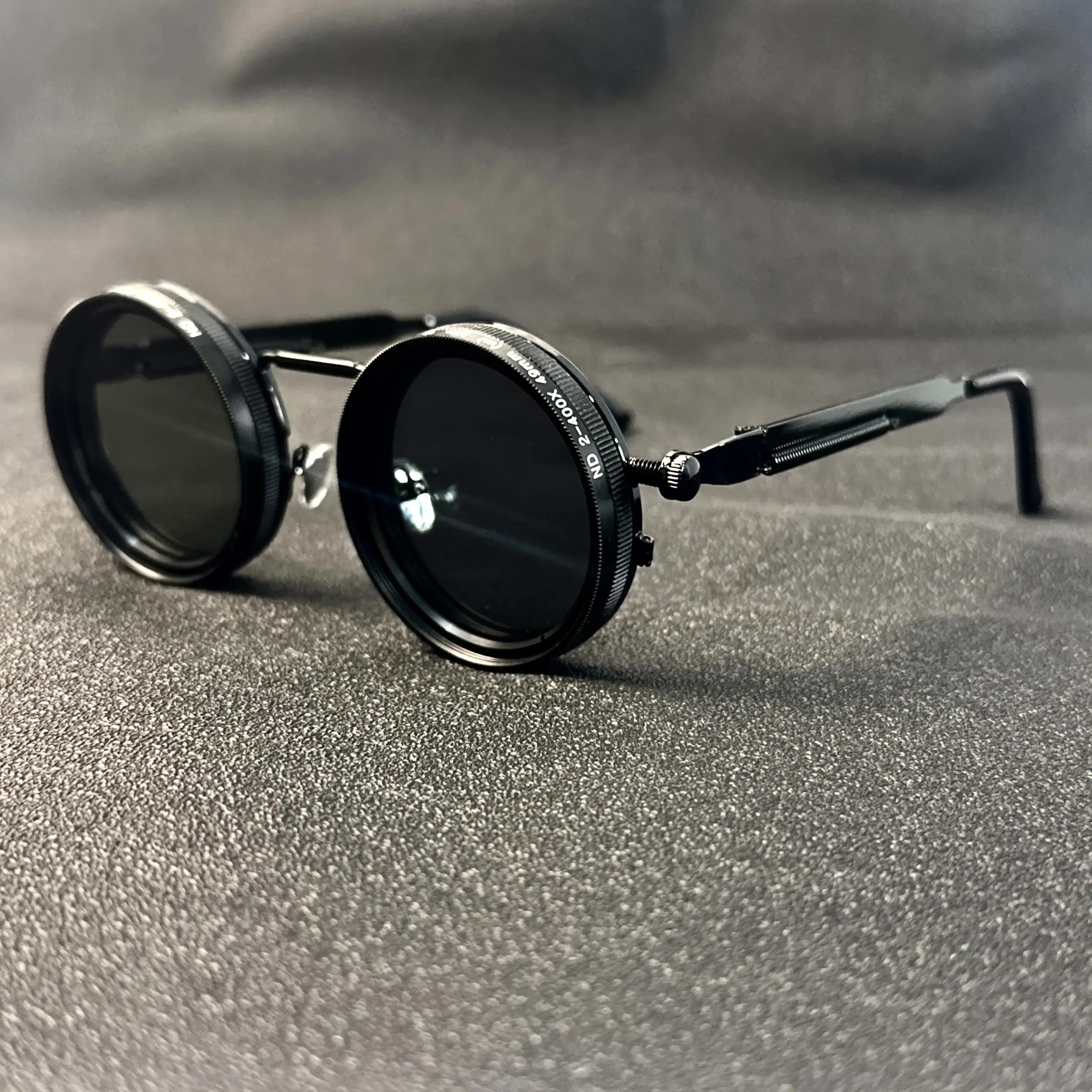 Men's Vintage Steampunk Spinner Glasses, Adjustable Brightness Alloy Frame with Black Gray Gradient Lenses, Interchangeable Lens System, Boho Style Eyewear Accessory for Parties & Casual Wear