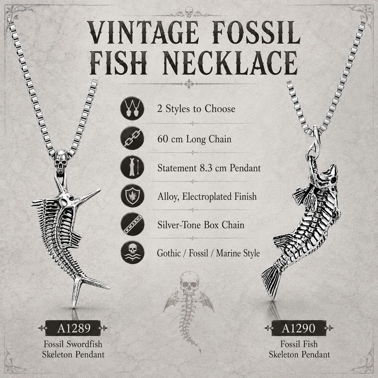 Vintage Gothic Oversized Alloy Metal Fish Skeleton Necklace for Male Wear - Elongated Form Silver-Tone Fossil Fish Skull Pendant, 23.62in Chain for Everyday Use