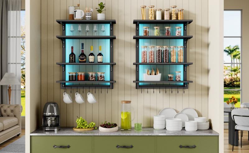 Foldable Gaming Floating Shelves with Adjustable Shelf, 24 Inch Wall Mounted Shelves with Dynamic LED for Living Room Game Room Cologne Holder Wooden Key Mail Holder