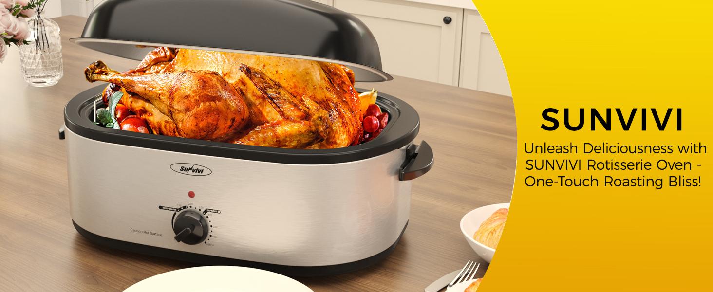 Sunvivi Roaster Oven with Self-Basting Lid,Electric Roaster with Removable Pan & Rack,Chicken Roaster with Unique Defrost/Warm Function