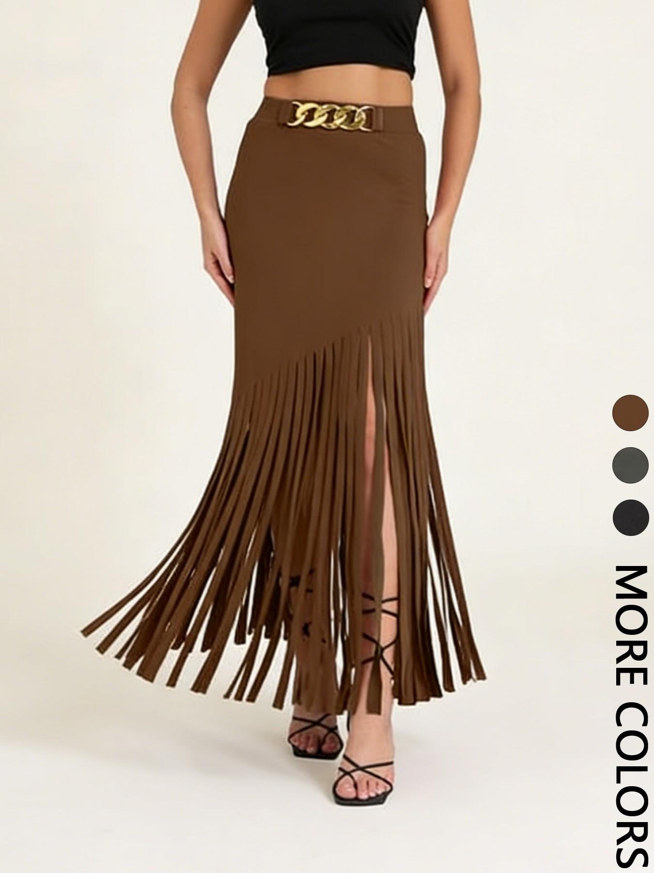Women's Solid Color Fitted Fringe Trim Skirt, Fashionable Long Skirt for Party Club Dating Wear, Women's Bottoms for Summer