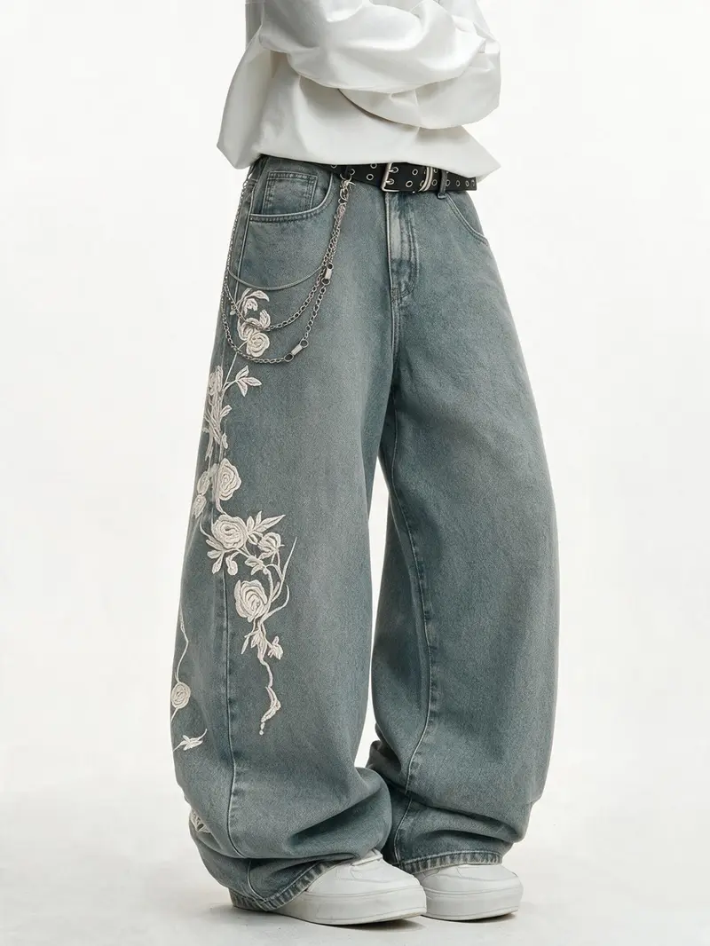 Men's Rose Embroidered Wide Leg Jeans, Vintage Washed Loose Fit Streetwear, Trendy Hip-Hop Long Pants, All Seasons Fashion