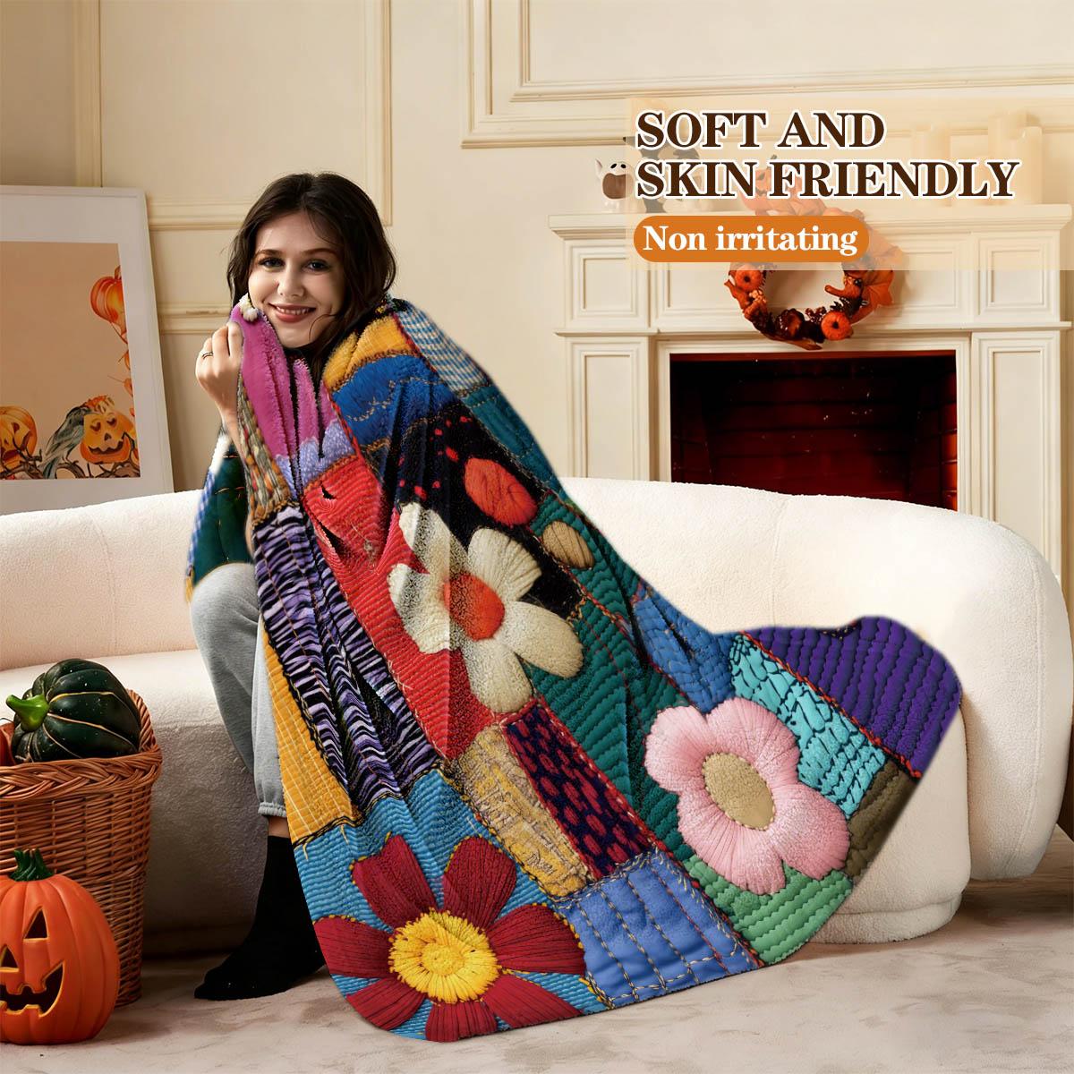 Simple Patchwork Print Blanket, Soft Flannel, Breathable and Warm, Bedroom Decor, Gift, Pet Blanket, All Seasons