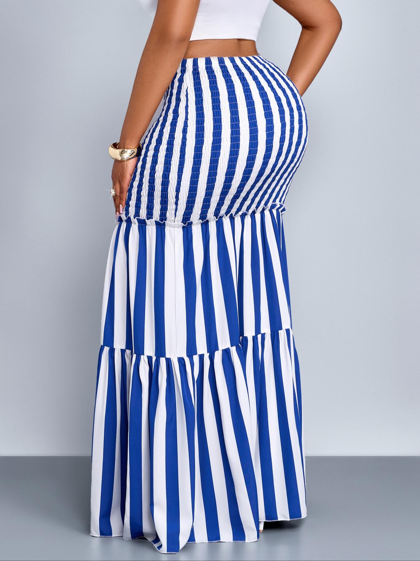 Elegant Striped High Waist Bodycon Mermaid Maxi Skirt, Plus Size Women's Long Dress, Fall Fashion, Fitted Style, All Seasons