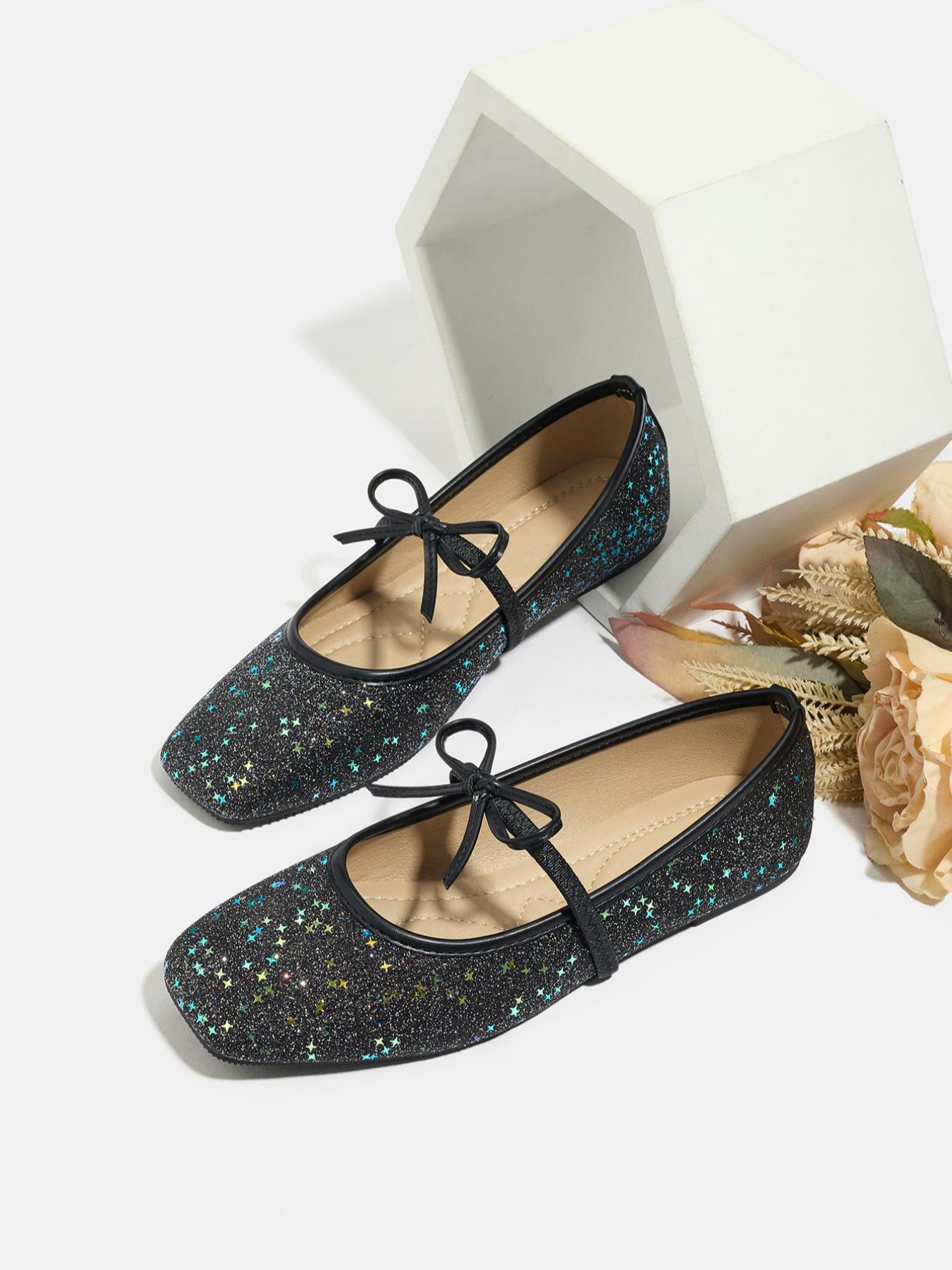 Women's Fashion Flat Shoes Square Toe Star Design Slip-On Soft Textile Rubber Sole Casual Ballet Flats Spring & Fall