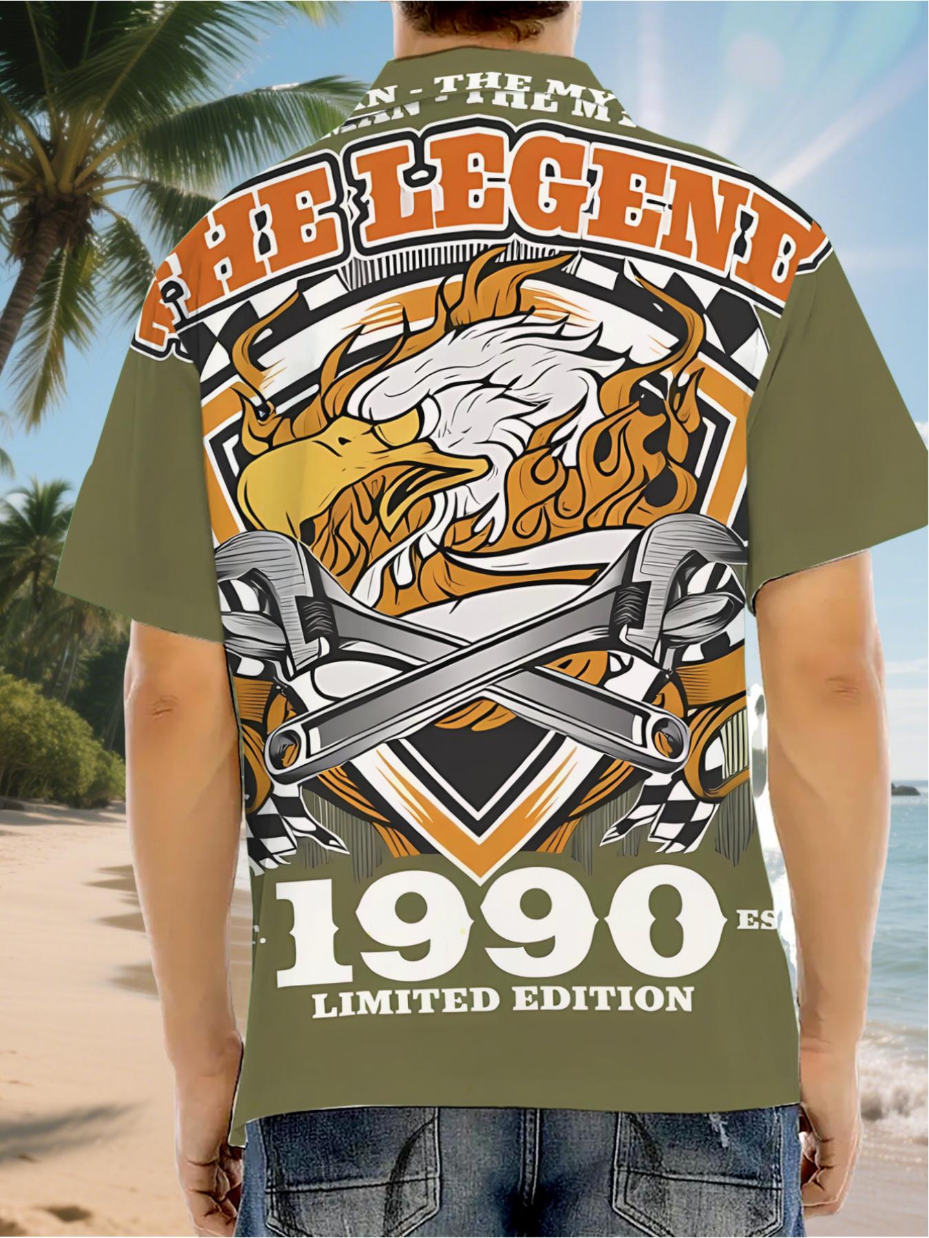 Men's Hawaiian Shirt - Flat Digital Print Pattern - No Texture - Eagle and Tools 1990 Limited Edition, stylish and simple short sleeves, button-up, casual collared shirt, fashionable and versatile, suitable for dates, beach vacations, a perfect gift for m