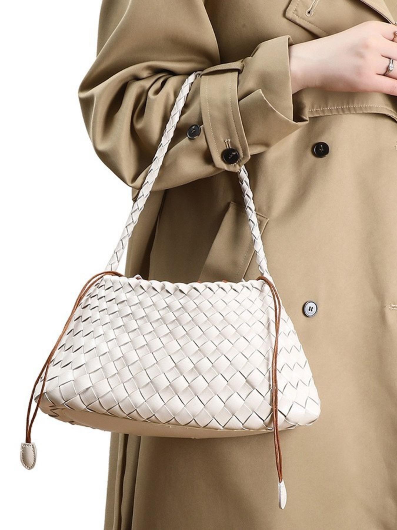 Vintage Handwoven Bag for Women, Commuter Crossbody Shoulder Bag, Versatile Drawstring Basket Bag, French Lazy Style, Perfect for Work and Dates