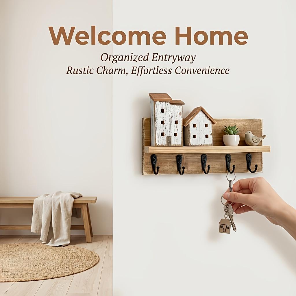 1pc 3D Rustic Wall-mounted Key Holder with 5 Hooks, Wall-mounted Key Rack, Wooden Entryway Organizer with Hooks, Suitable for Bedroom, Home Wall Display, Art Wall Storage, Art and Craft Wall Display Rack, Key Hook and Coat Hook