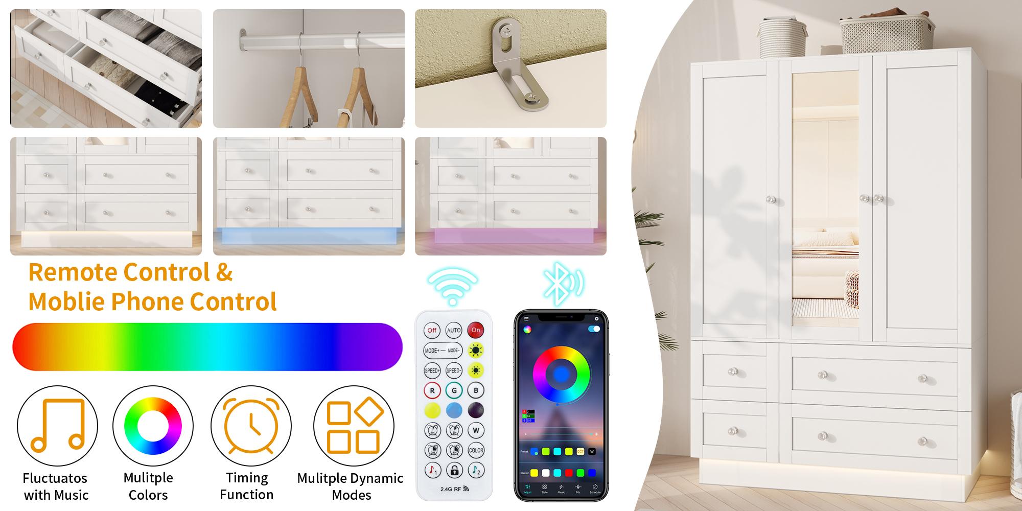 【2 Packages Delivery】VOWNER Bedroom Wardrobe with 3 Doors and 4 Drawers, Mirror, RGB Lights, Hanging Rod, Bedroom, Living Roo