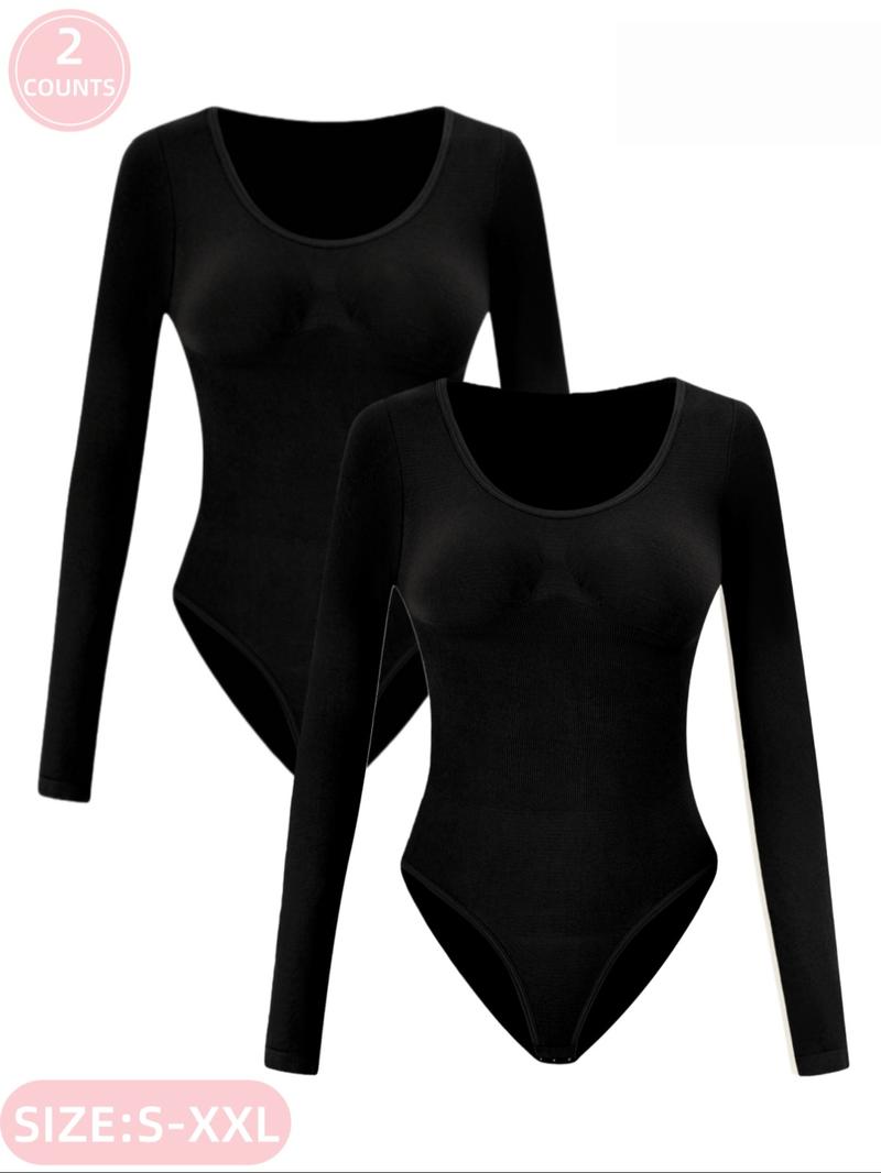 Women's Ribbed Abdomen Control Bodysuit, Long Sleeve Seamless T-Shirt, Comfortable Scoop Neck Bodysuit Stretchy Basic Tops, Fit Soft Elastic Fabric, Perfect for Daily Wear and Going Out, Shapewear for Fall&Winter