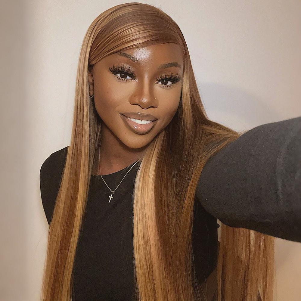 Pizazz Hair 13x6 Pre Bleached Honey Blonde Straight Full Lace Front Wigs Human Hair Pre Plucked For Momen 220% Density Highlight HD Transparent Lace Frontal Wigs with Baby Hair