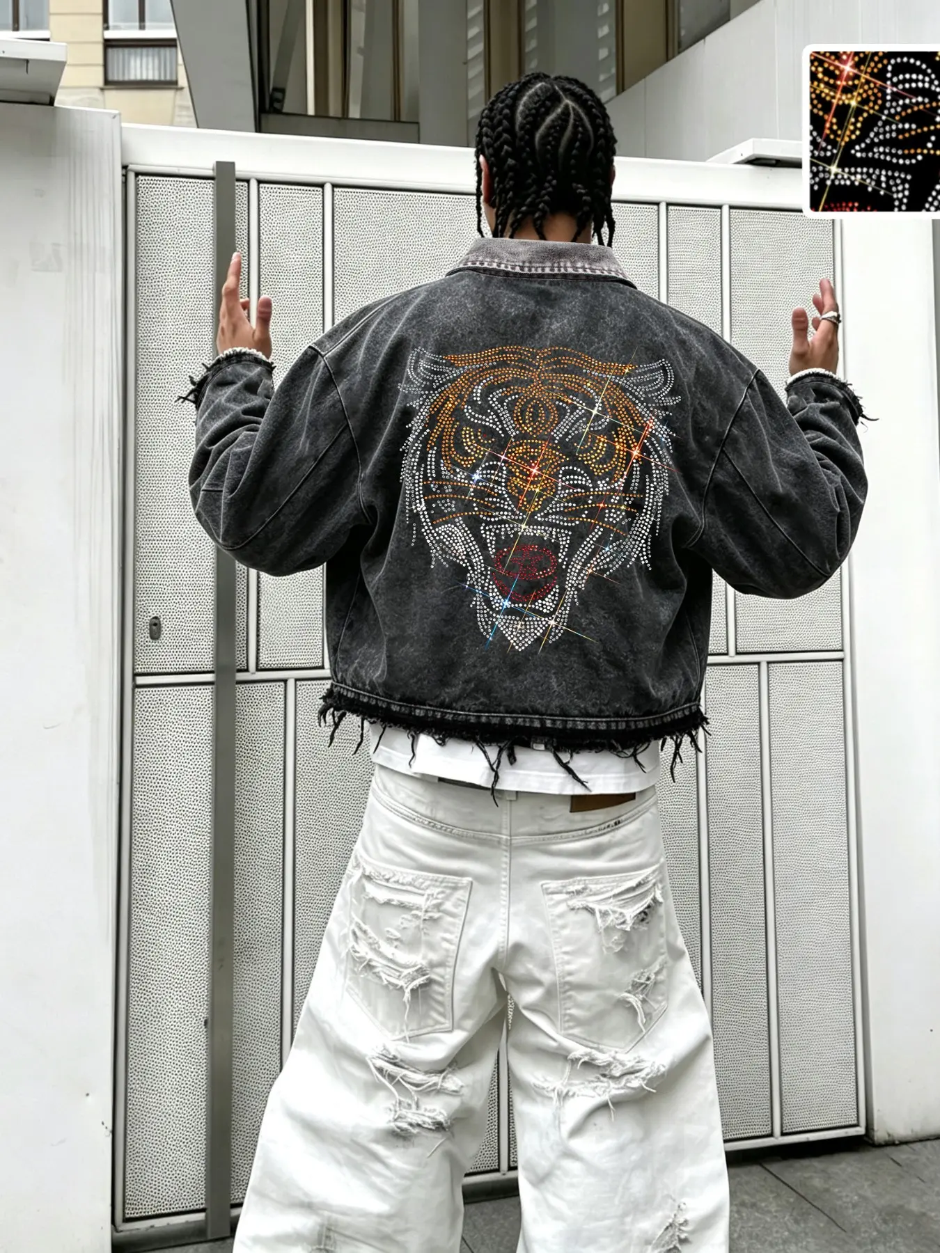 Men's Hip-Hop Style Short Denim Jacket, Snow Wash Distressed, Fringe Hem, Back Tiger Print, Oversized Streetwear Outerwear