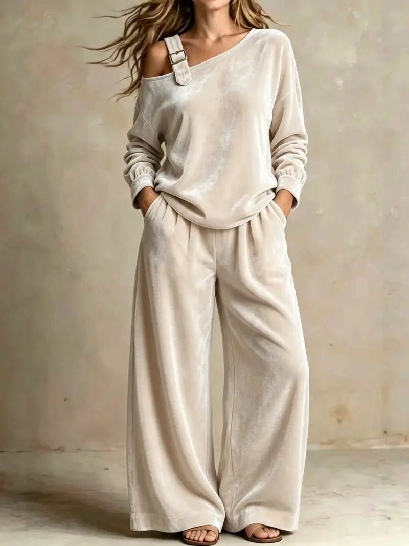 Women's velvet one-shoulder top and pants two-piece set - image 9