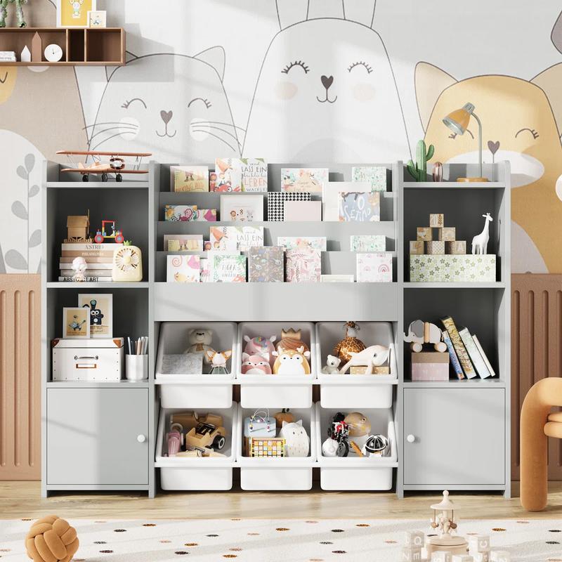 FOTOSOK Toy Storage Organizer with 6 Toy Bins, Toy Organizer Kids Bookshelf with 6 Cubbies, Multifunctional Floor Storage Chest for Playroom