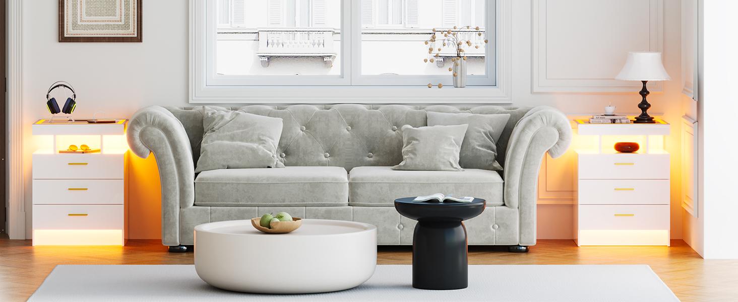 Vlsrka LED Nightstand with Wireless Charging Station, Auto Sensor 3 Color Dimmable Night Stand, Modern Bedside Table with 3 Drawers & 3 Open Compartments for Bedroom