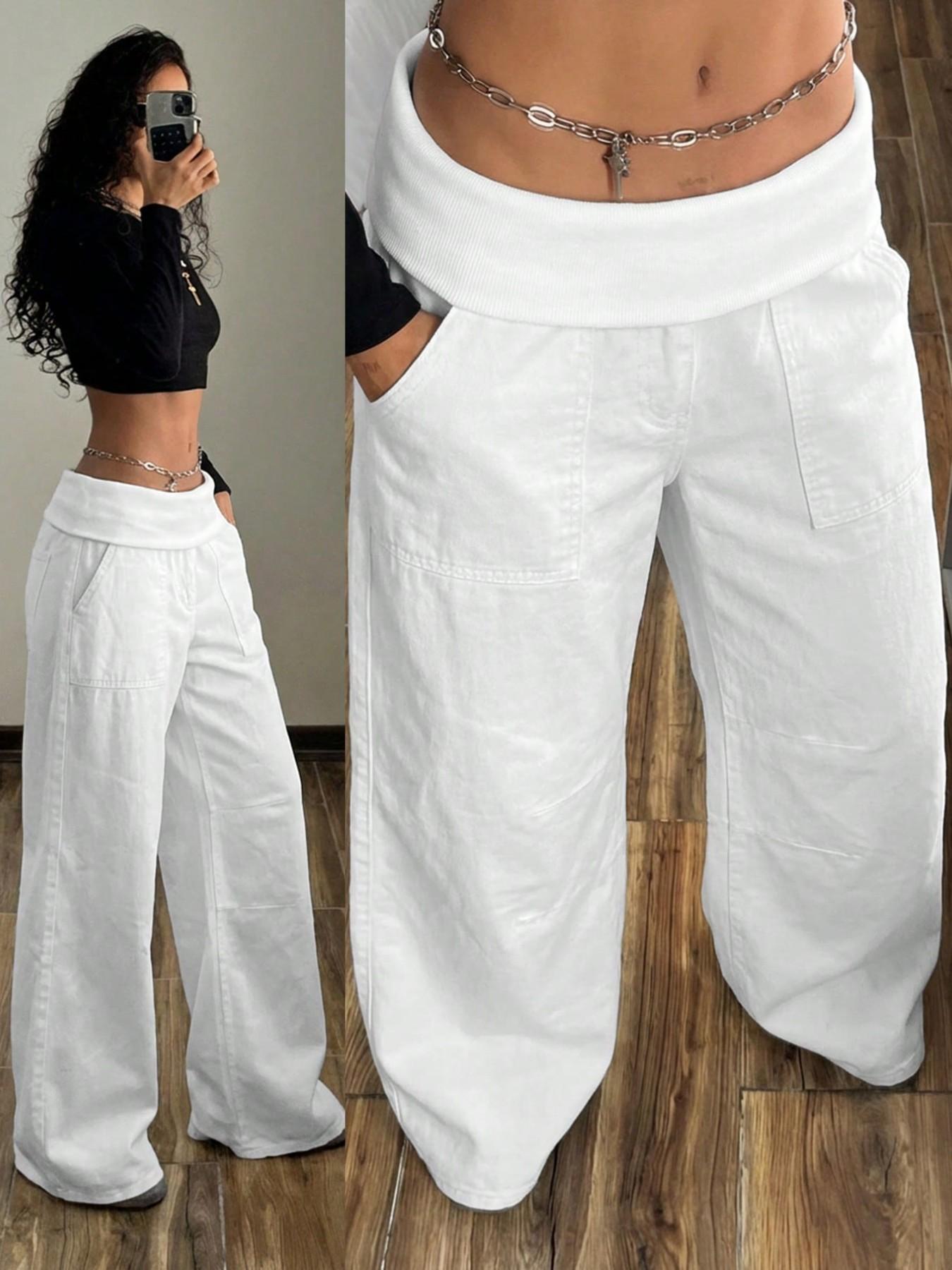 Women's Elastic Waist Oversize Loose Jeans, Four-Season Street Style Wide Leg Pants with Pockets, Casual Y2K Fashion for Outdoor Wear Bottoms, Streetwear