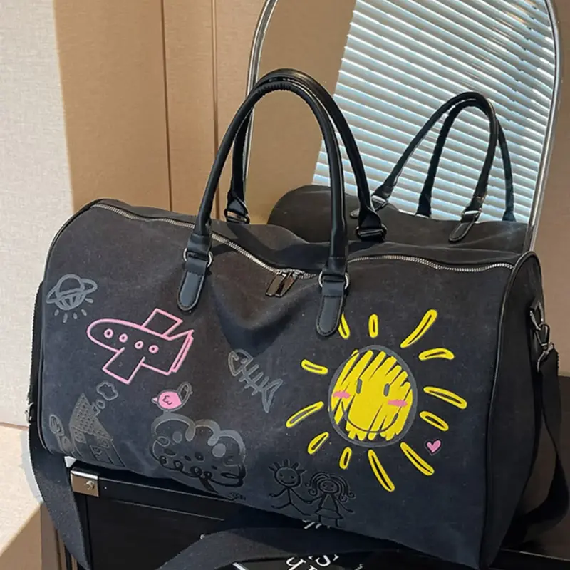 Colorblock Colorful Graffiti Design Travel Duffle Bag, Street Trendy Lightweight Large Capacity Duffel Bag, Durable Lightweight Design Gym Bag for Gym & Daily Use, Esthetic Luggage