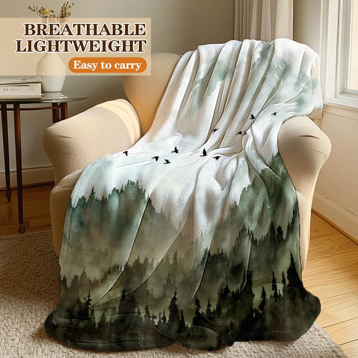 Landscape Bird Print Blanket, Simple Flannel Throw, Breathable All-Season, Sofa Bed Tail Bedroom Decor, Gift for Home Pets