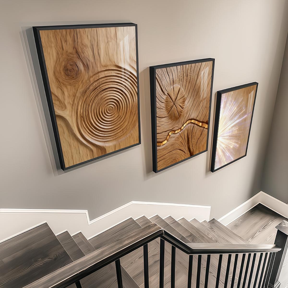 3 Counts Aluminum Alloy Framed Painting, Abstract Wood Texture And Light Burst Pictures, Home Decoration For Living Room, Bedroom, Office, Restaurant, Hallway Wall Decor, Odorless Print Artwork, Luxury Perfect Gift For Friends And Family