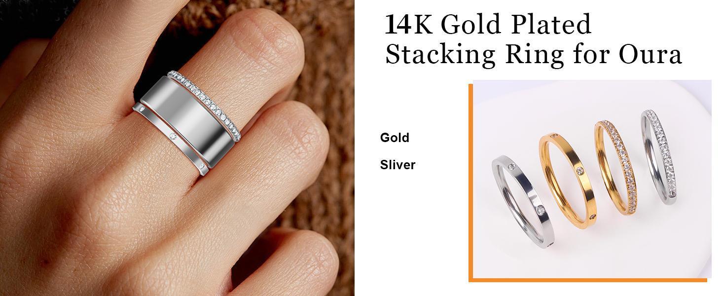 2-Pack 14K Gold Plated Stacking Rings for Oura Ring Gen 4/Oura Ring Gen 3, Cubic Zirconia Simulated Diamond Stack Rings for Women