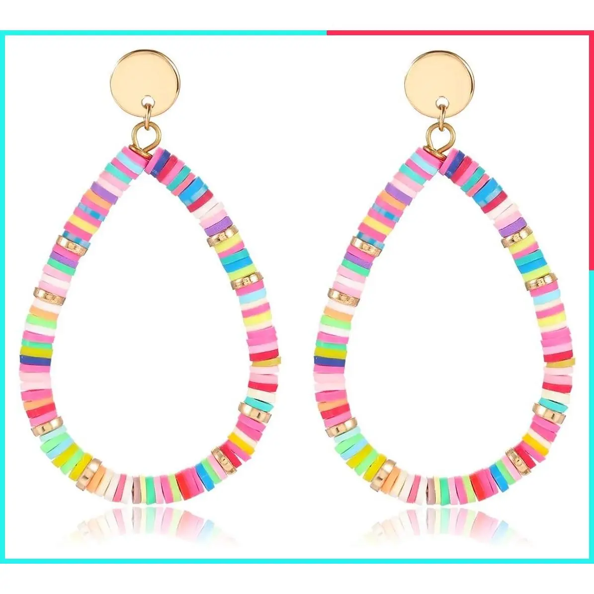 Rainbow Vinyl Disc Heishi Drop Earrings for Women - Lightweight Teardrop Dangle Earrings, Summer Beach Jewelry