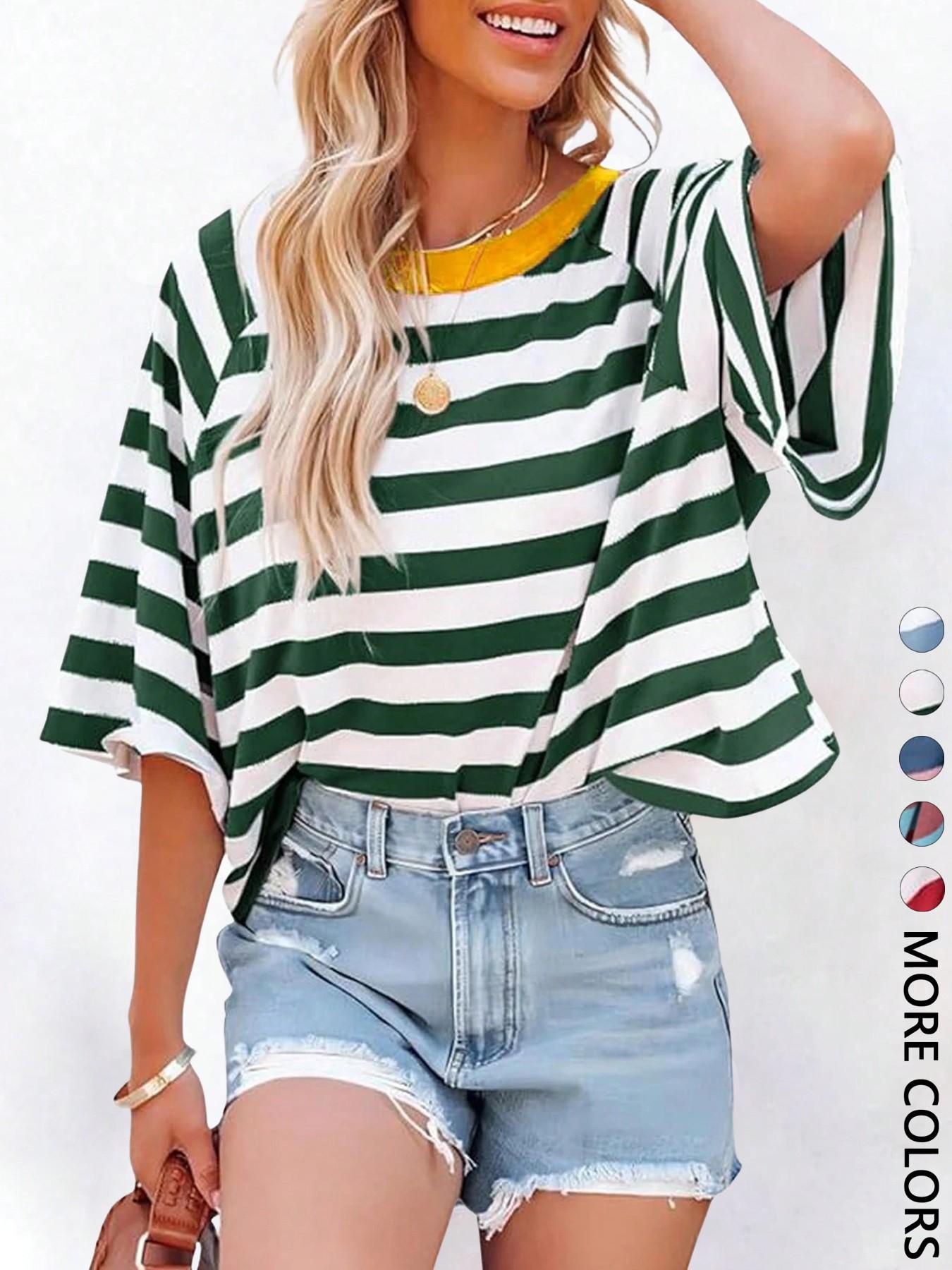 1 Piece Casual Minimalist Striped Pattern Round Neck Short Sleeve Loose Women's T-Shirt, Suitable For Summer, Oversized T Shirt