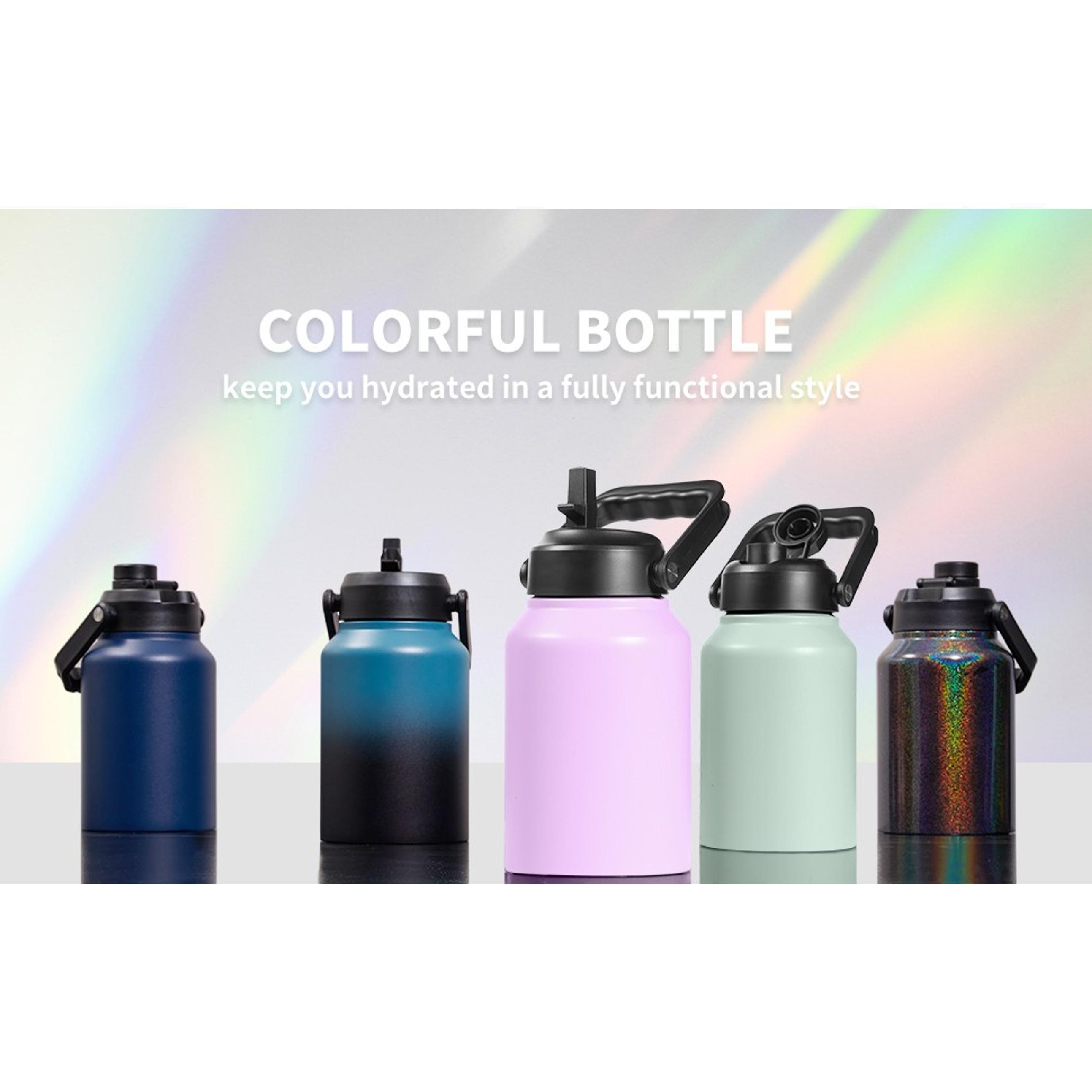 Half Gallon Insulated Water Bottle with Straw - 64oz Stainless Steel Sports Flask with Handle, Thermal Water Jug Mug with 2 Lids, BlackGift