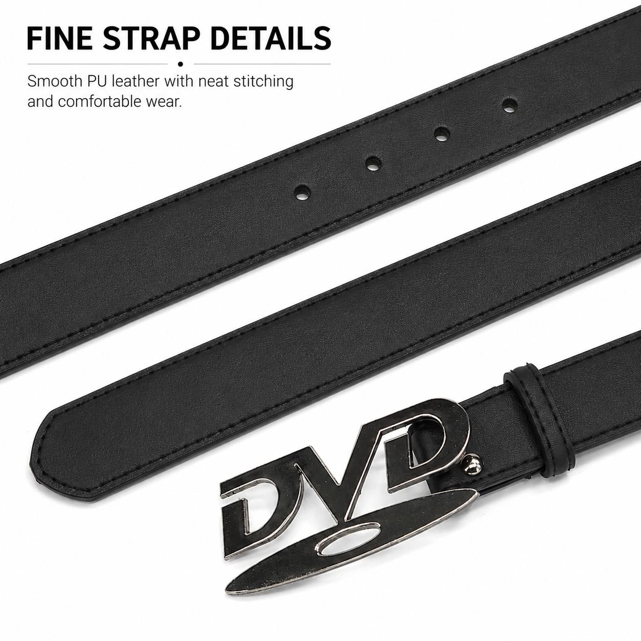 Women’s PU Leather Belt with Letter Buckle, Trendy Black Snap-On Waist Belt Fashionable Adjustable Decorative Belt for Jean