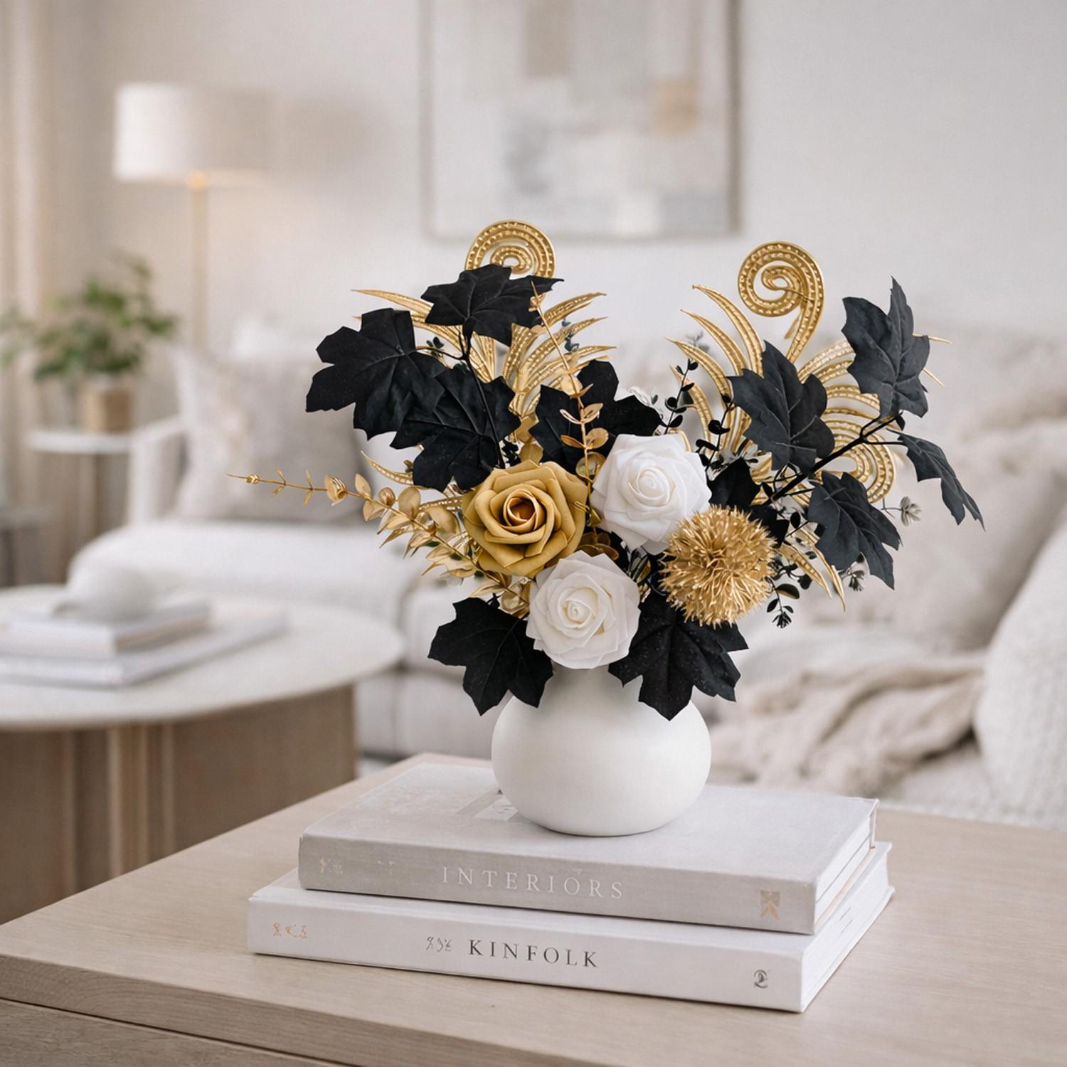 Beautiful Realistic Artificial Flower Bouquet, Maple Leaf, Gold Rose, Rose, Eucalyptus, Ideal for Weddings, Parties, Gifts