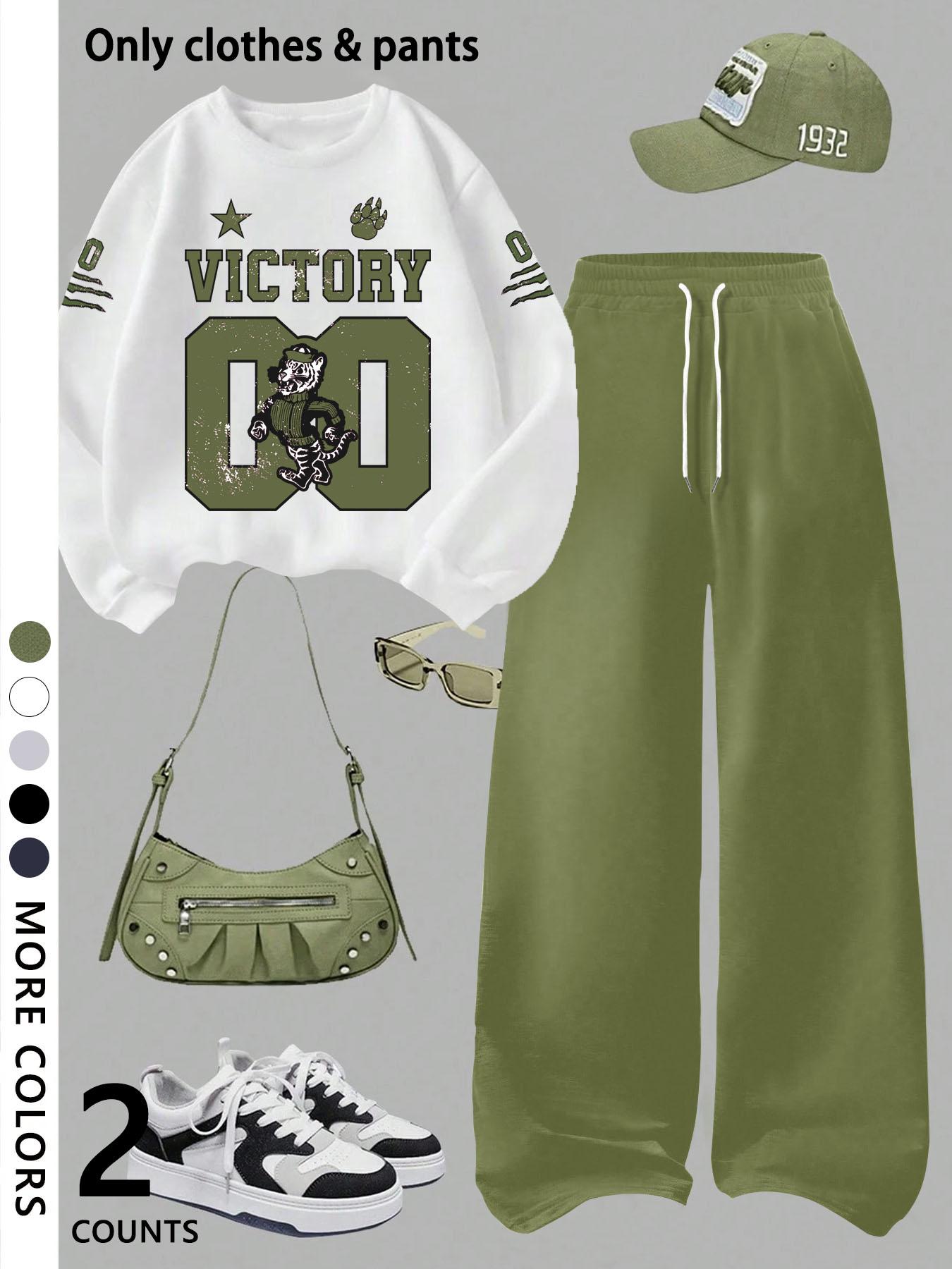Girls' casual cool Graphic pattern print round neck pullover sweatshirt top and loose casual wide-leg pants, military green fashion dress, suitable for daily and going out