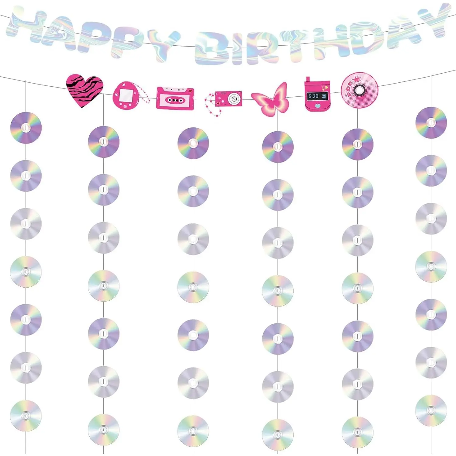 Y2K Party Decorations, 6 count CD  Garlands and 2 count Happy Birthday Banner, 2000s Birthday Decorations for Room Wall Bedroom Decor, Retro Disco Party Supplies