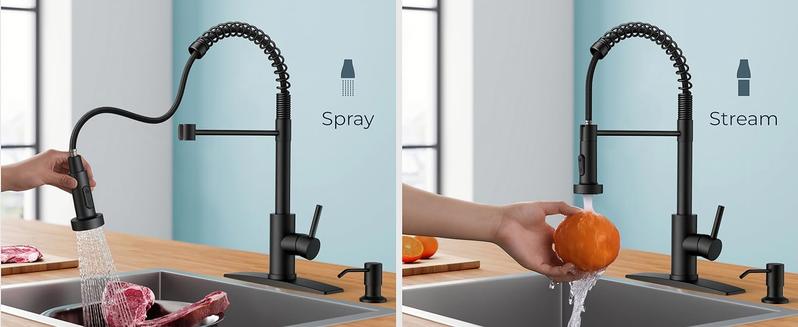 FORIOUS Kitchen Faucet with Soap Dispenser, Faucets with Pull Down Sprayer, Stainless Steel High Arch Spring Sink Faucet for Laundry Sink RV Bar