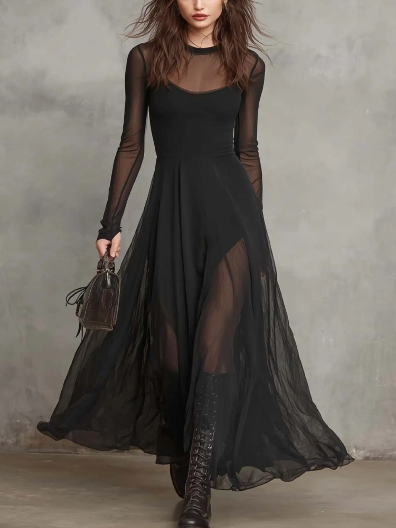 2026 New Summer Fashion Vintage Mesh Sheer Fitted Round Neck Long Sleeve Elegant Formal Patchwork Fish Tail Dress, High-End Unique Luxury Design Waist Cinch Party Gown