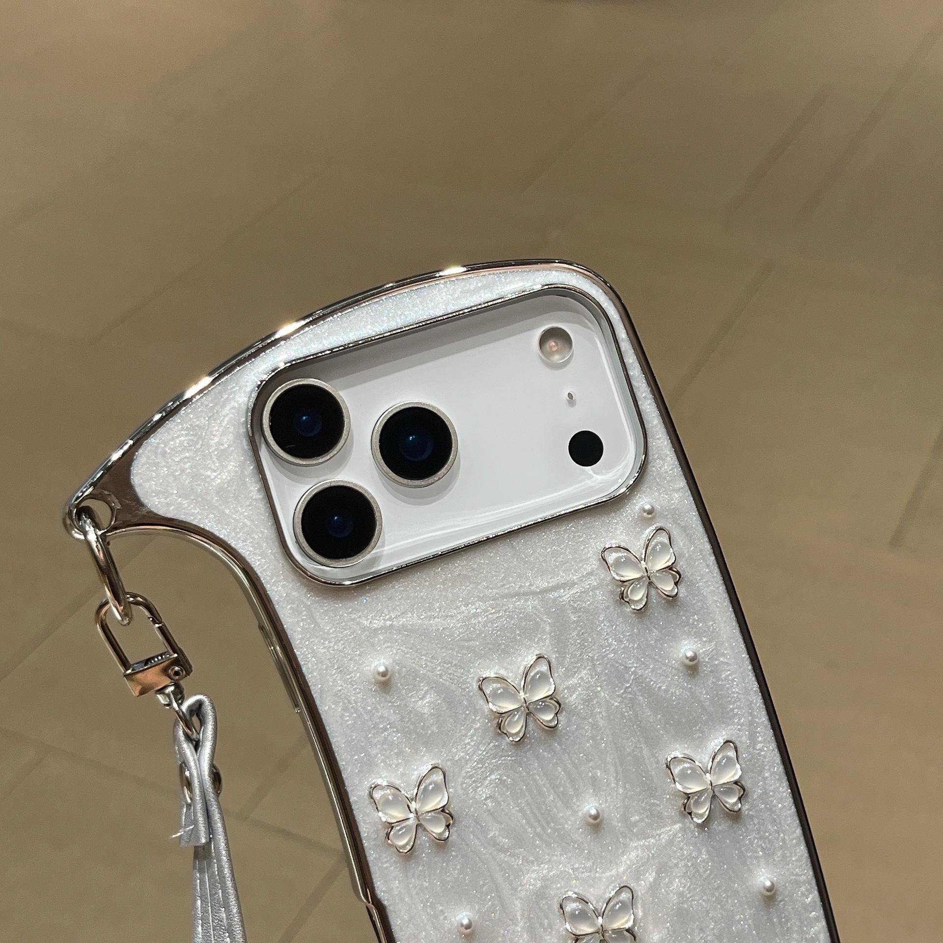 (Case & Nova) Luxury Drip Glaze Mini Handbag-Shape Chrome Case, Electroplated Frame, Pearl Butterfly Decor, Detachable Strap/Wrist Strap, Anti-Drop Shockproof Slim Hard Cover for iPhone 17 Pro Max,16,15,14,13,12,11 Cute Mobile Phone Accessory, Silicone Sh