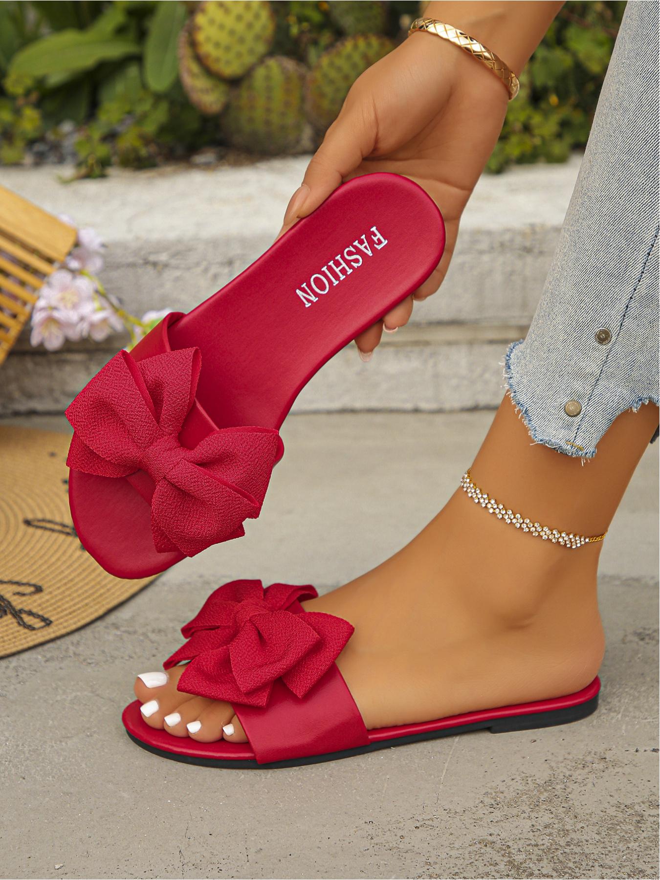 2026 Summer New Bow - decorated Flat Sandals, Multi - color (Green/Brown/Black/Yellow/Red/Orange/White) Square - toe Open - toe Soft - sole Women's Slides, Versatile for Daily Streetwear/Vacation/Home