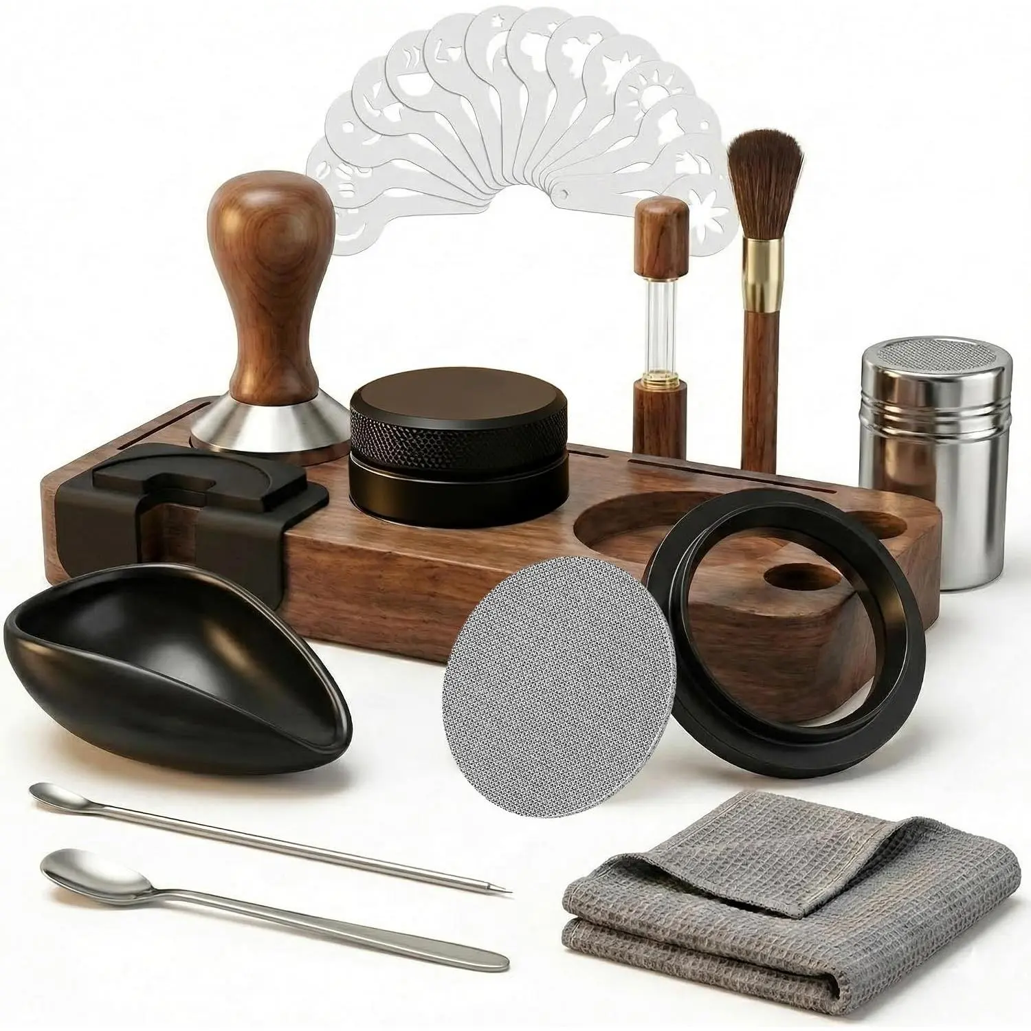 28PCS Espresso Accessories Kit, 51mm Espresso Tamper Tools, Espresso Machine Accessories Set with Wood Station, Distributor, WDT Tool, Puck Screen, Dosing Funnel, Powder Shaker, Latte Pen & Stencils