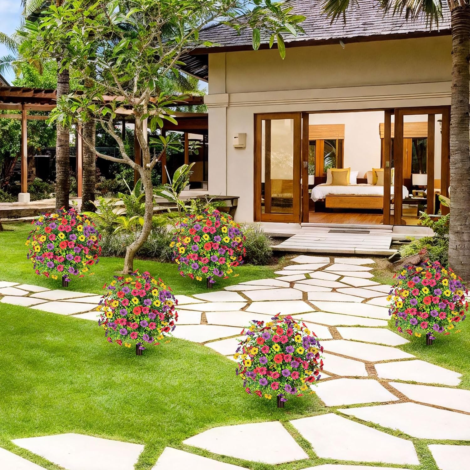 21 Inch Artificial Flower Stake Outdoor Decor - Multi-Color Garden Stakes for Yard & Lawn, No Fade Heavy Duty Plastic, All Season Decoration (Mixed Color)