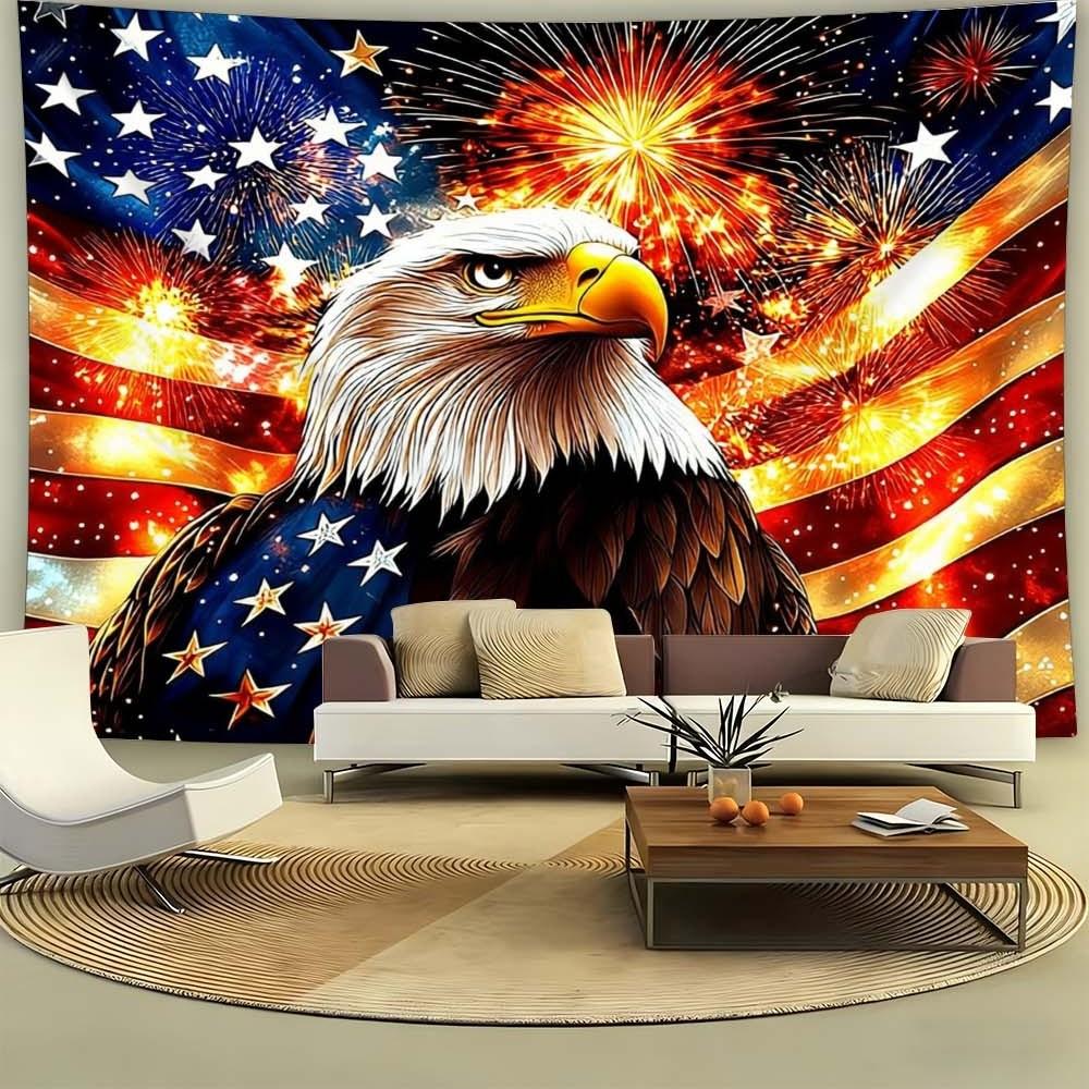 1PC Independence Day themed tapestry featuring majestic eagle and vibrant fireworks creates festive atmosphere perfect for enhancing wall decor in bedrooms or living rooms during gatherings and celebrations stunning design complements home style rich colo