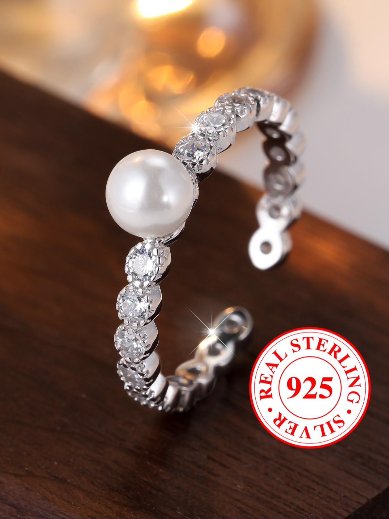 S925 Sterling Silver Ring synthetic pearl engagement ring, stackable promise ring for women & girls, minimalist style, anniversary and Valentine's Day gift