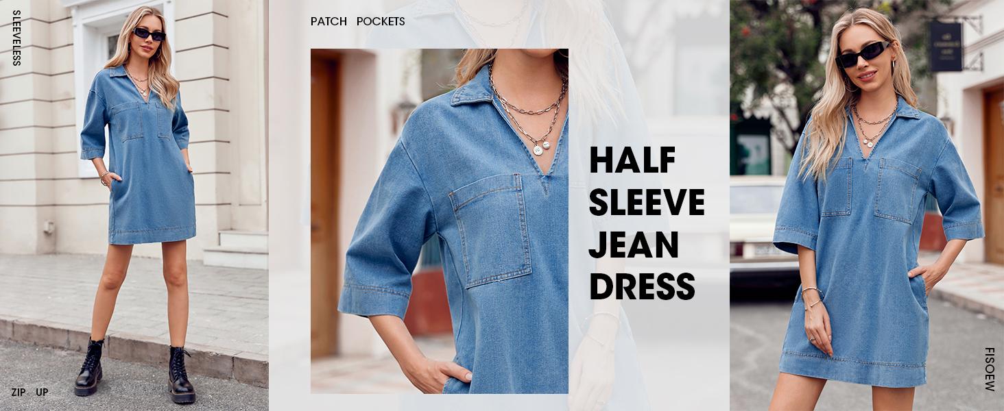 FMEYOA Womens Denim Shirt Dress Long Sleeve V Neck Loose Casual Jean Mini Dress with Pockets